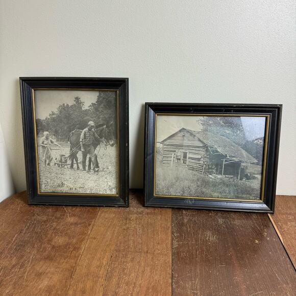 Pair (2) Vintage Photo Reprints Manual Farming Log Cabin Homestead Wood‎ Frames - Picture 1 of 14